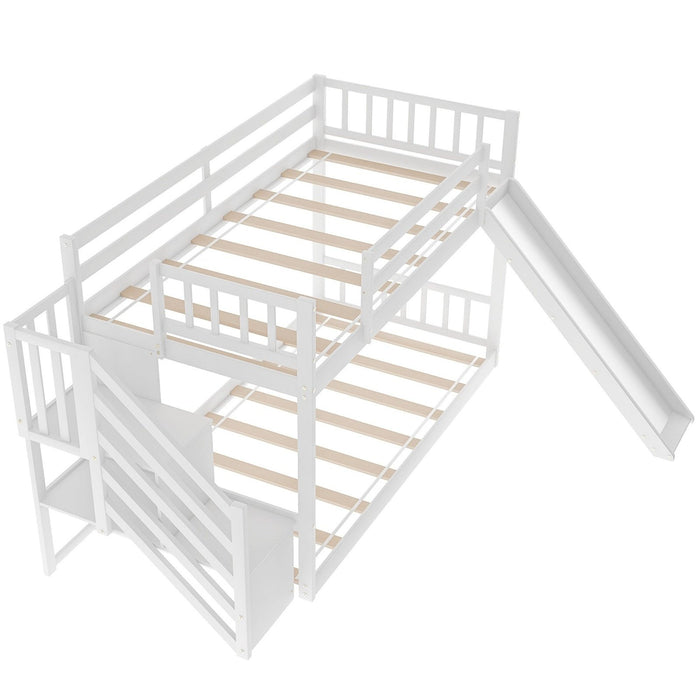 Homeroots White Twin Over Twin Bunk Bed with Stairway