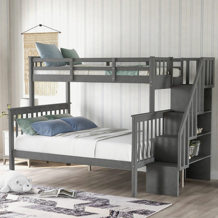 Contemporary Gray Twin/Full Bunk Bed – Stairs & Shelves Included