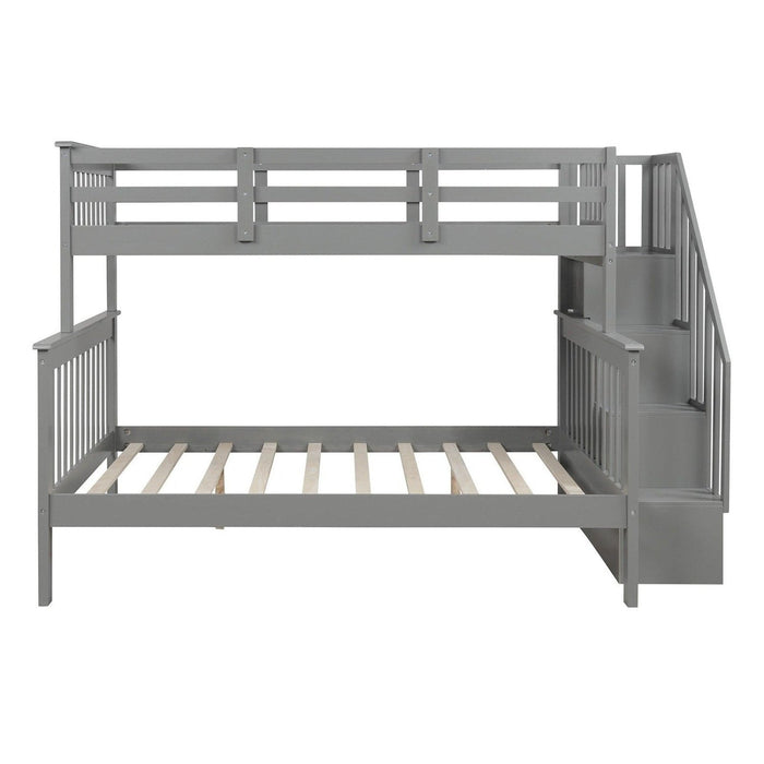 Contemporary Gray Twin/Full Bunk Bed – Stairs & Shelves Included