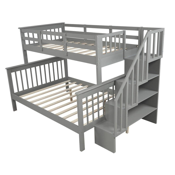 Contemporary Gray Twin/Full Bunk Bed – Stairs & Shelves Included