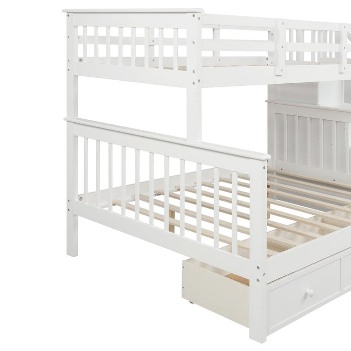 Contemporary White Twin/Full Bunk Bed with Stairs & Shelves - HomeRoots