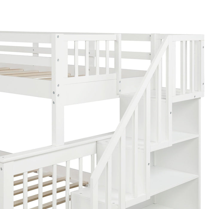 Contemporary White Twin/Full Bunk Bed with Stairs & Shelves - HomeRoots