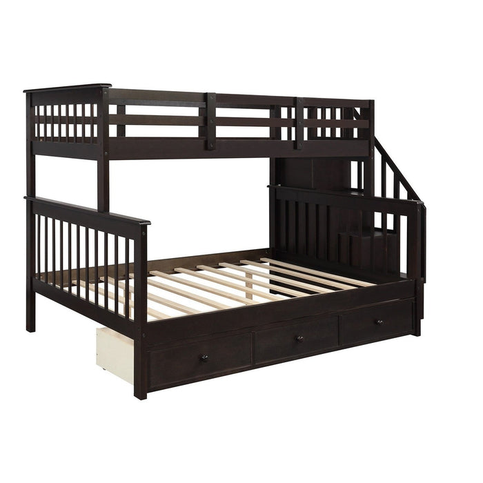 Espresso Twin Over Full Bunk Bed - Staircase & Shelves Included