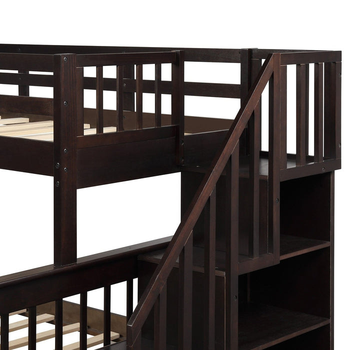 Espresso Twin Over Full Bunk Bed - Staircase & Shelves Included