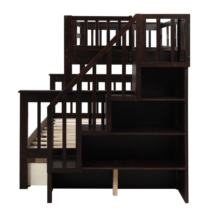 Espresso Twin Over Full Bunk Bed - Staircase & Shelves Included