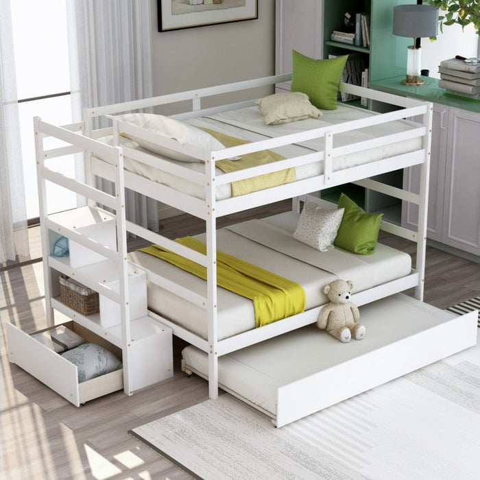 Contemporary White Full Bunk Bed - Staircase Included