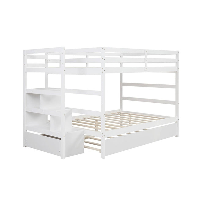 Contemporary White Full Bunk Bed - Staircase Included