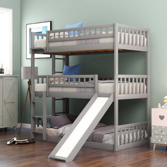 Triple Gray Bunk Bed - Contemporary Design, Solid Wood Construction