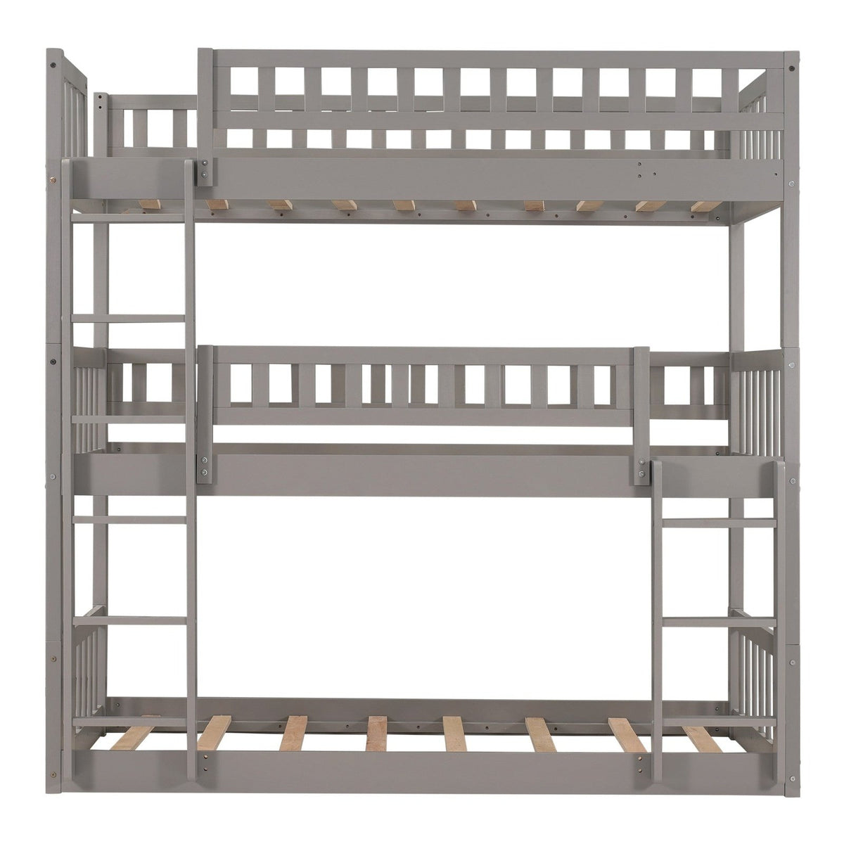 Triple Gray Bunk Bed Contemporary Design, Solid Wood Construction