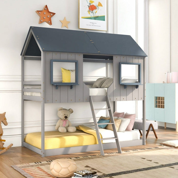 Contemporary Gray Twin Over Twin Bunk Bed - Homeroots