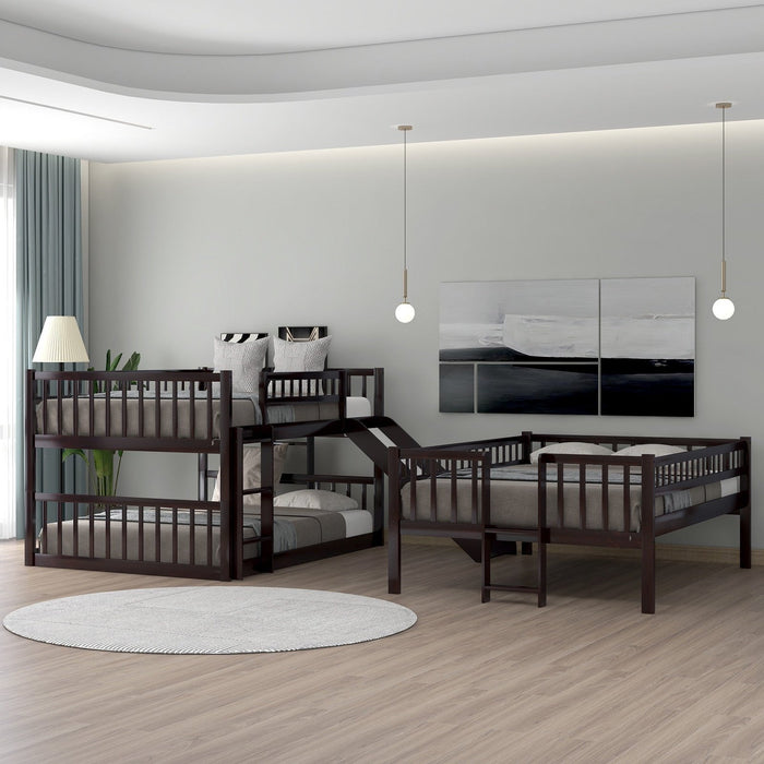 Espresso Triple Bunk Bed with Slide - Contemporary Design
