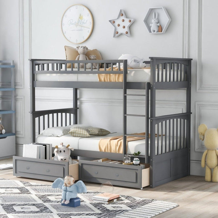 Gray Twin Over Twin Bunk Bed with Convertible Drawers - Homeroots