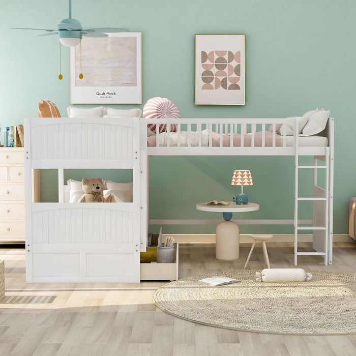 White Twin Bunk Bed with Loft & Drawers