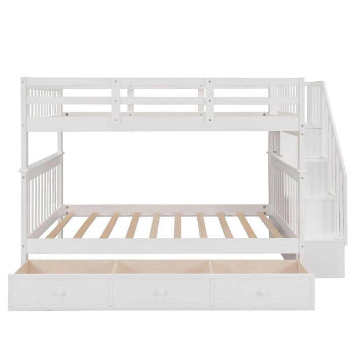 Homeroots White Full Size Bunk Bed - Double Stairway Design with Drawer