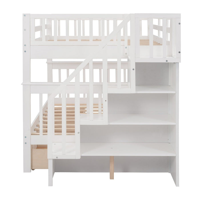 Homeroots White Full Size Bunk Bed - Double Stairway Design with Drawer