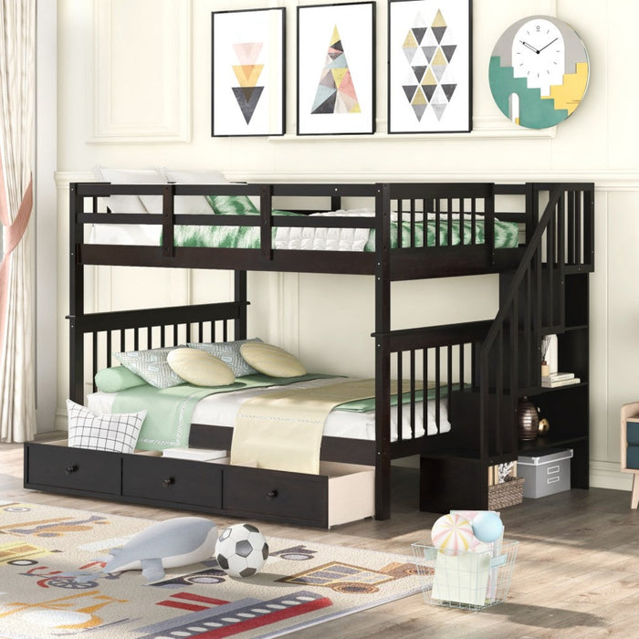 Homeroots Espresso Brown Full Size Bunk Bed - Double Stairway Design with Drawer