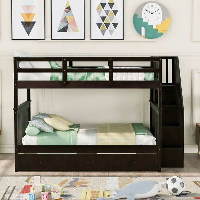 Homeroots Espresso Brown Full Size Bunk Bed - Double Stairway Design with Drawer