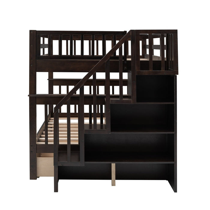 Homeroots Espresso Brown Full Size Bunk Bed - Double Stairway Design with Drawer