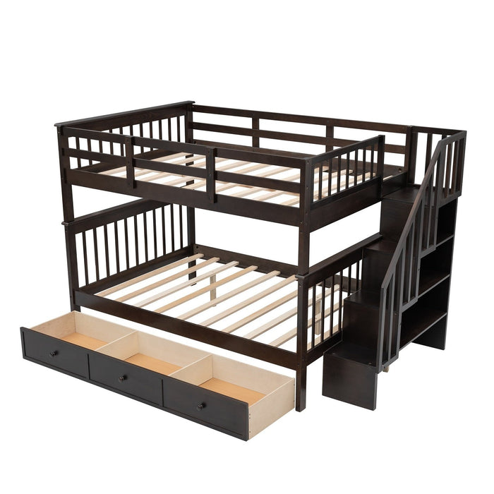 Homeroots Espresso Brown Full Size Bunk Bed - Double Stairway Design with Drawer