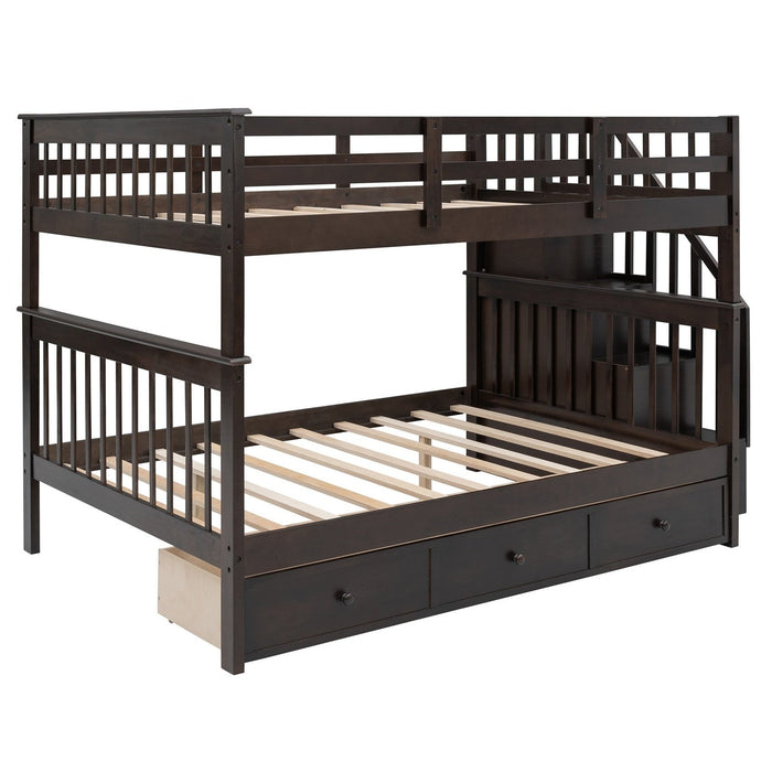 Homeroots Espresso Brown Full Size Bunk Bed - Double Stairway Design with Drawer