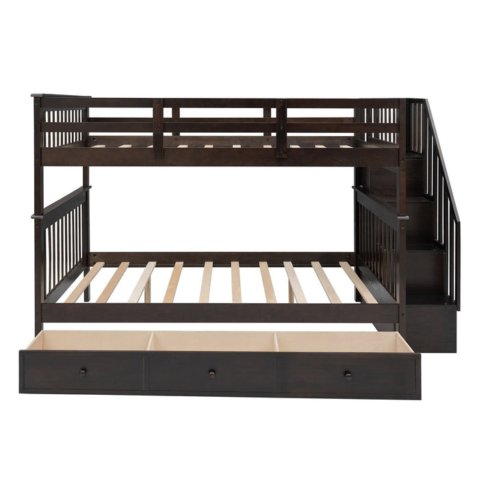 Homeroots Espresso Brown Full Size Bunk Bed - Double Stairway Design with Drawer