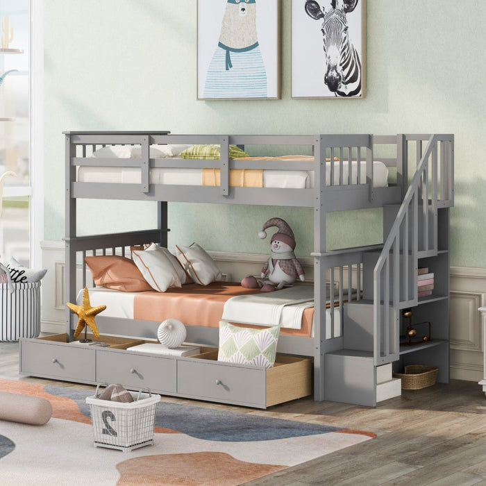 Gray Twin Over Twin Bunk Bed: Stairway & Drawers Included