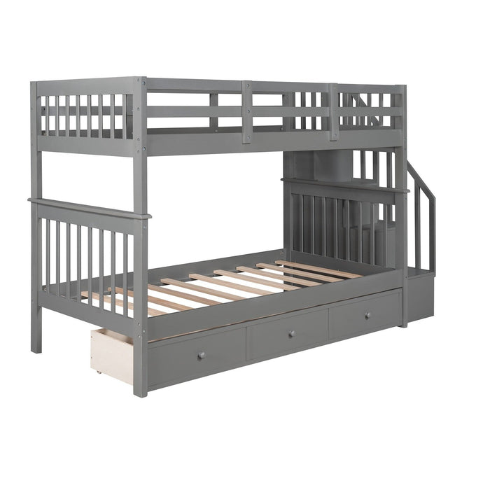 Gray Twin Over Twin Bunk Bed: Stairway & Drawers Included