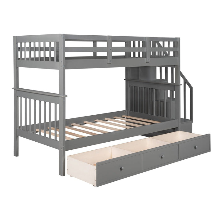 Gray Twin Over Twin Bunk Bed: Stairway & Drawers Included