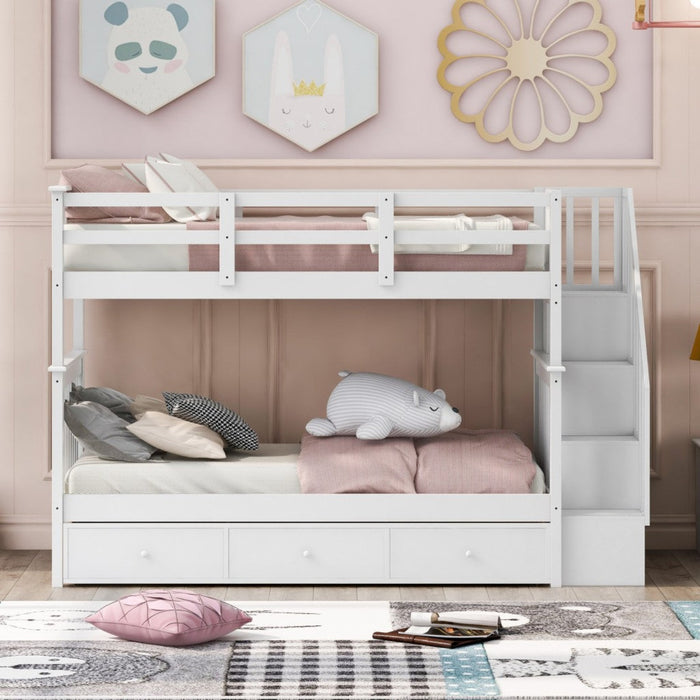 White Twin Bunk Bed - Stairway & Drawers - Homeroots