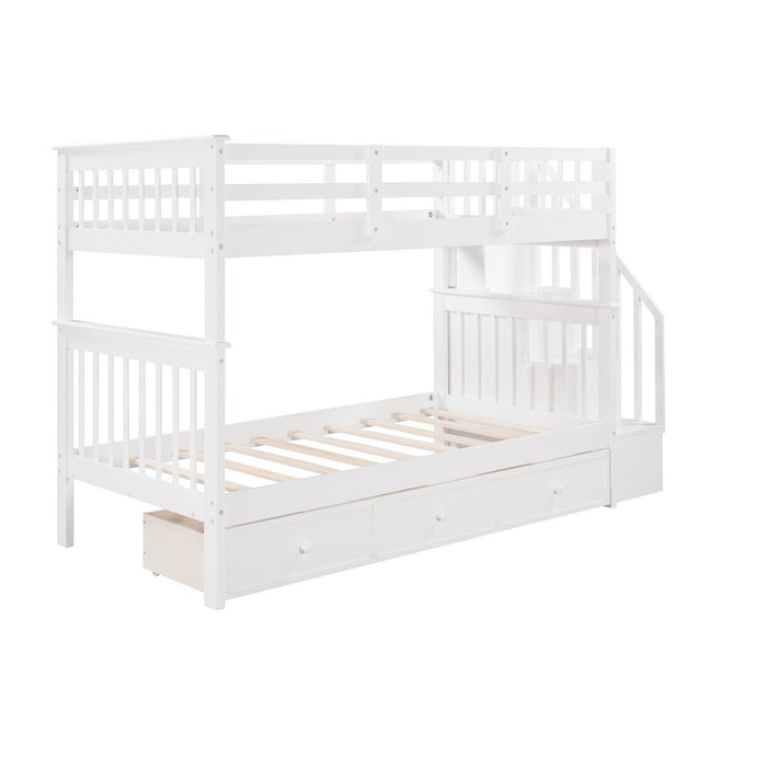 White Twin Bunk Bed - Stairway & Drawers - Homeroots