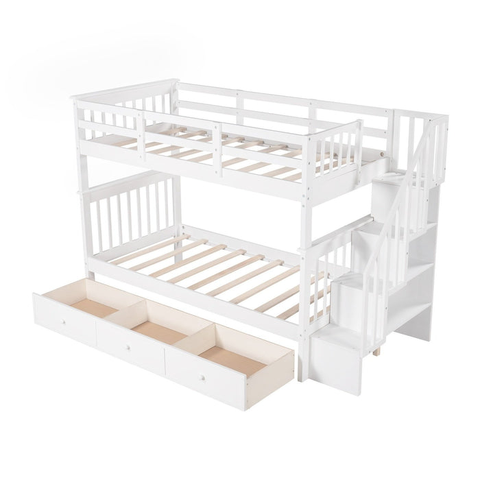 White Twin Bunk Bed - Stairway & Drawers - Homeroots