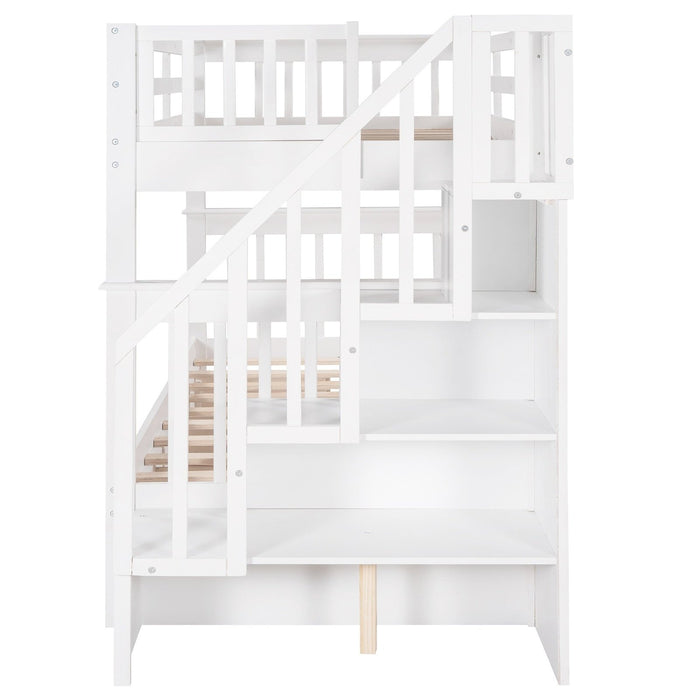 White Twin Bunk Bed - Stairway & Drawers - Homeroots