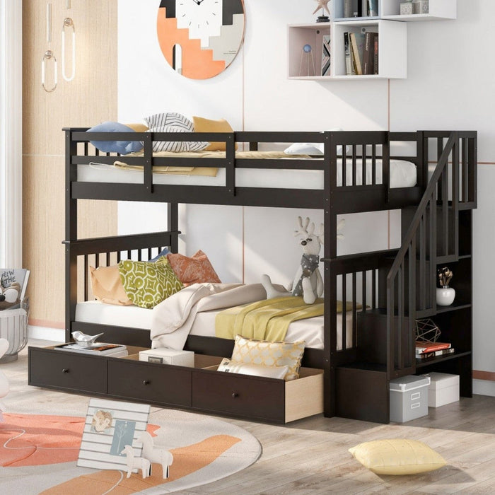 Espresso Twin Bunk Bed: Twin Over Twin with Stairway & Drawers by Homeroots