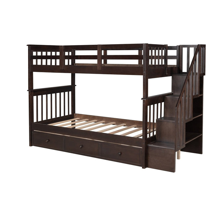 Espresso Twin Bunk Bed: Twin Over Twin with Stairway & Drawers by Homeroots