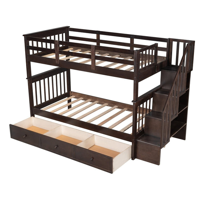 Espresso Twin Bunk Bed: Twin Over Twin with Stairway & Drawers by Homeroots