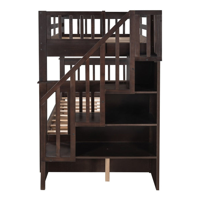 Espresso Twin Bunk Bed: Twin Over Twin with Stairway & Drawers by Homeroots