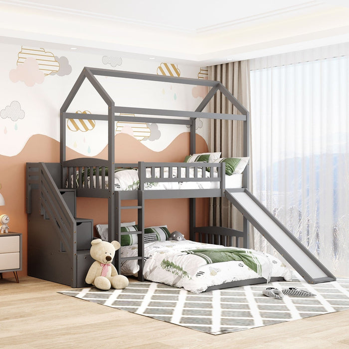 Gray Twin Over Twin PlayHouse Bunk Bed – Slide Included