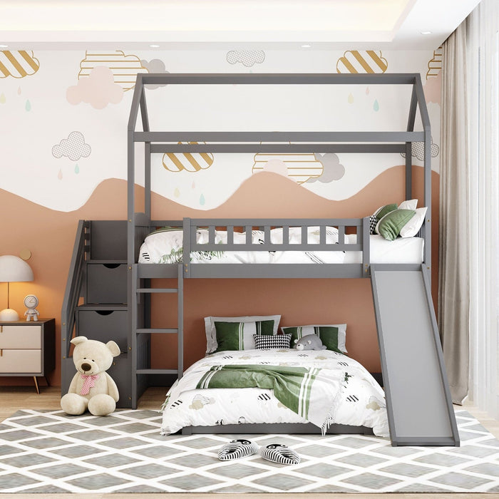 Gray Twin Over Twin PlayHouse Bunk Bed – Slide Included