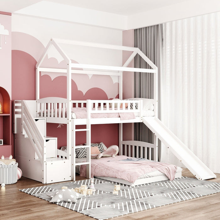 White Twin PlayHouse Bunk Bed w/ Slide - Unique Kids' Bedroom Solution