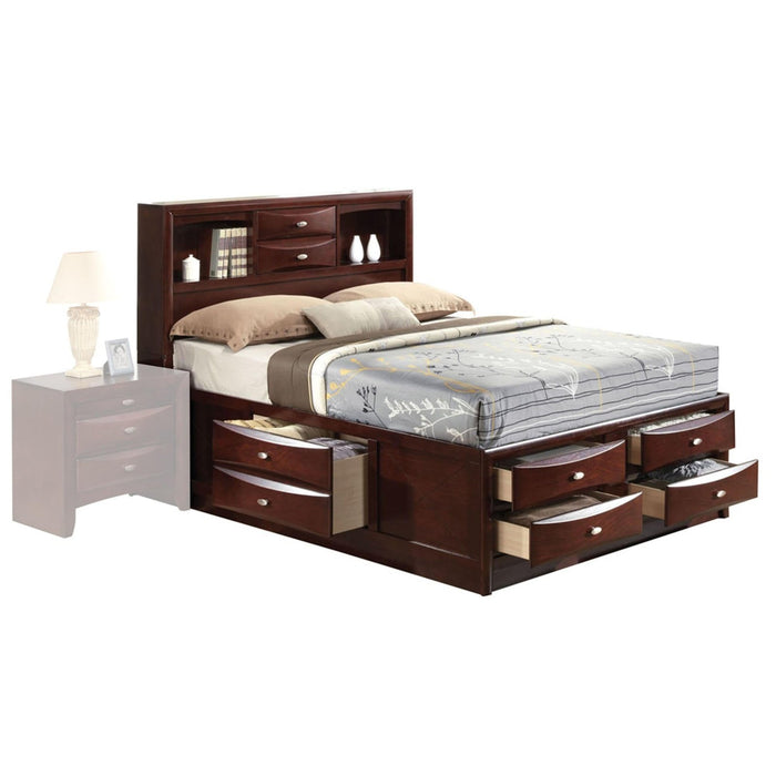 Homeroots Espresso Queen Bed with Pull-Out Tray and Multi-Drawer Wood Platform
