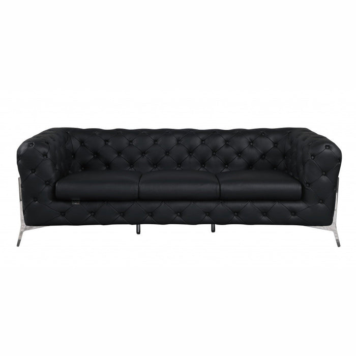 Homeroots 93" Genuine Tufted Leather and Chrome Sofa