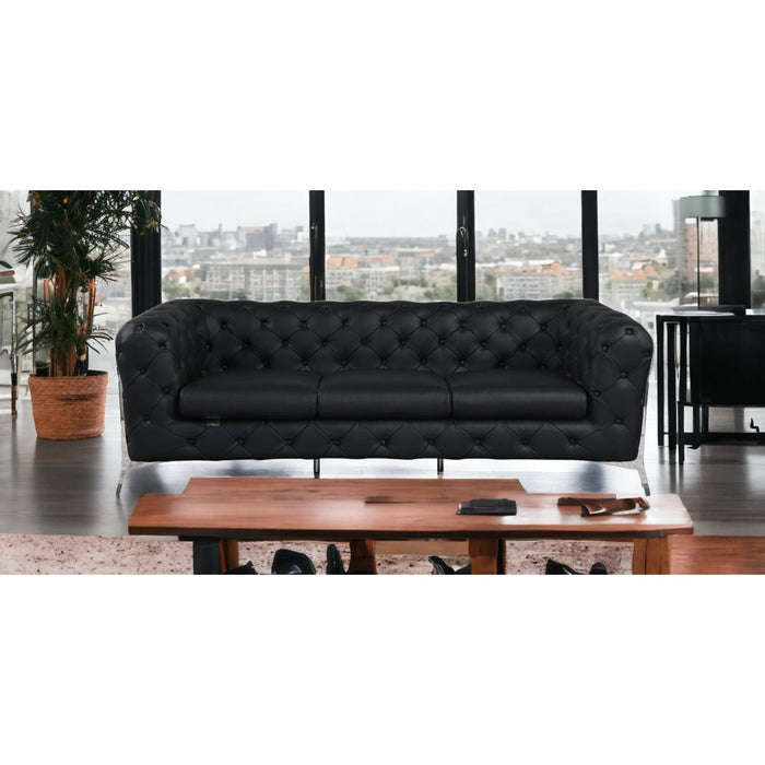 Homeroots 93" Genuine Tufted Leather and Chrome Sofa