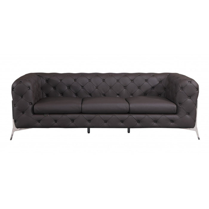 Homeroots 93" Genuine Tufted Leather and Chrome Sofa