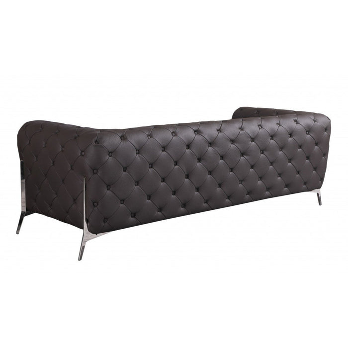 Homeroots 93" Genuine Tufted Leather and Chrome Sofa