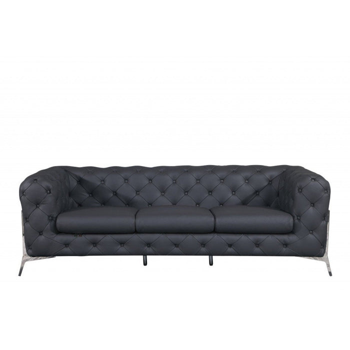 Homeroots 93" Genuine Tufted Leather and Chrome Sofa