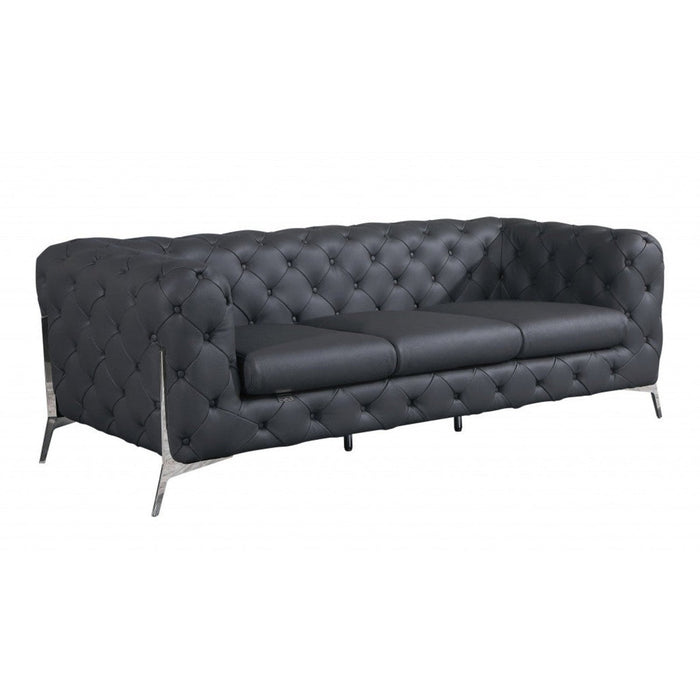 Homeroots 93" Genuine Tufted Leather and Chrome Sofa