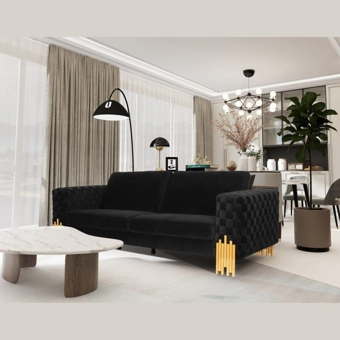 Luxurious 95" Black Velvet and Gold Sofa by Homeroots