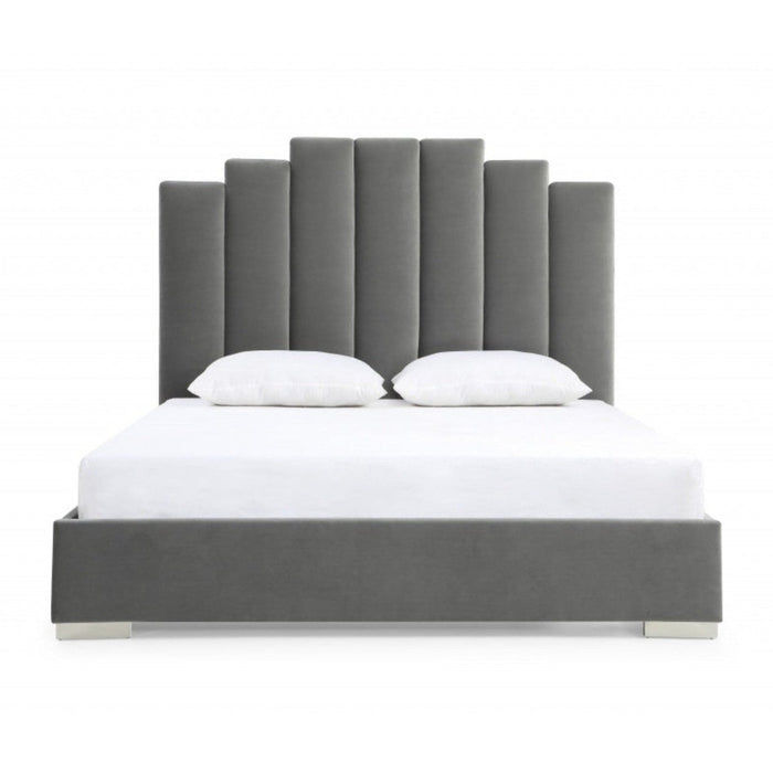 Homeroots Queen Grey Velvet Bed with USB Charging