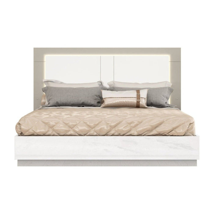 Homeroots King Bed Frame with LED Headboard - White & Taupe Elegance