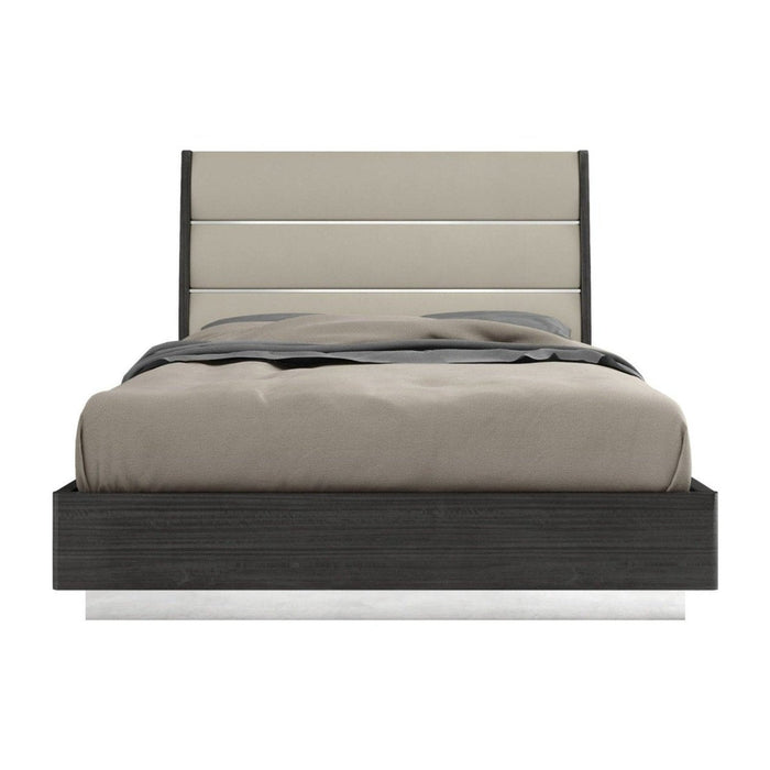 Homeroots Queen High Gloss Bed Frame in Dark Grey with Faux Leather Headboard